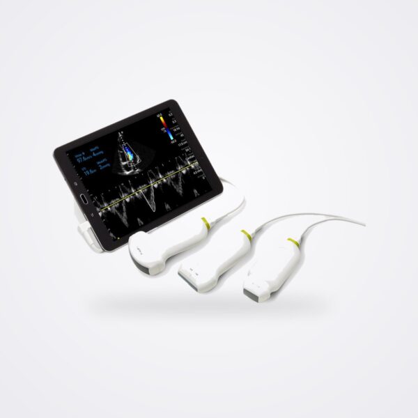 Philips Lumify C5 2, L12 4 and S4 1 transducers connected to a tablet showing a cardiac Doppler study