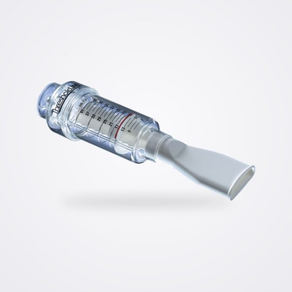 جهاز Philips Respironics Threshold IMT الشفاف بتدريج الضغط وقطعة فم مسطحة على خلفية بيضاء