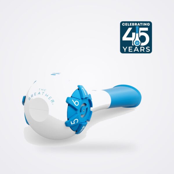 The Breather blue respiratory muscle trainer with numbered resistance dials