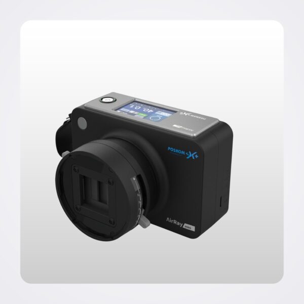 Poskom AirRay mini handheld X ray generator, front three quarter view with collimator and touchscreen