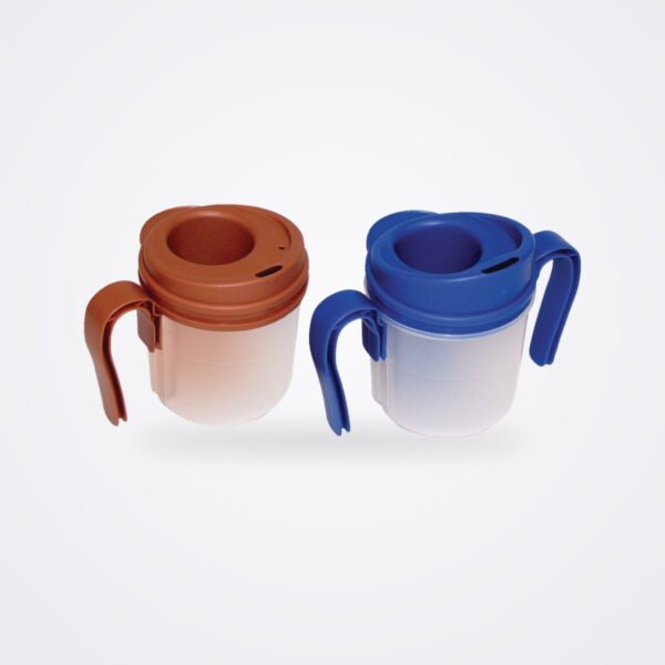 Two Provale regulating drinking cups with clear bodies, coloured lids and removable handles
