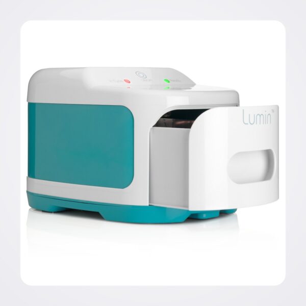 Lumin UV-C household sanitiser in white and teal with its drawer open