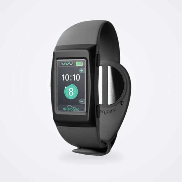 Reliefband Premier+ anti-nausea wristband in charcoal, three-quarter view showing digital display