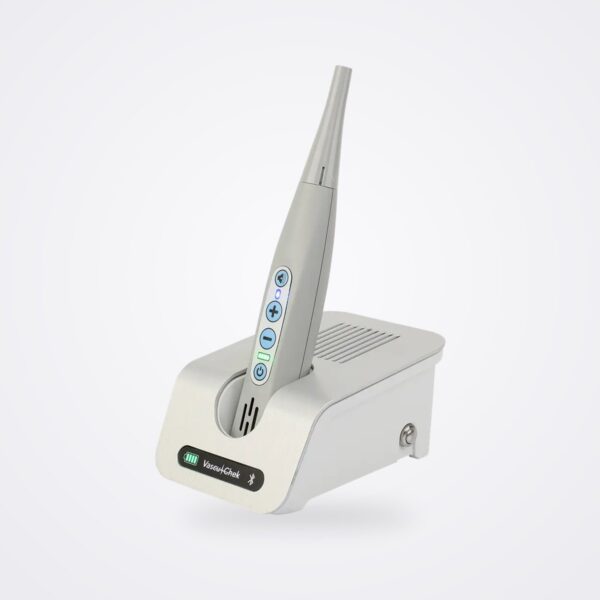 VascuChek cordless Doppler transceiver standing in its white speaker and charging dock