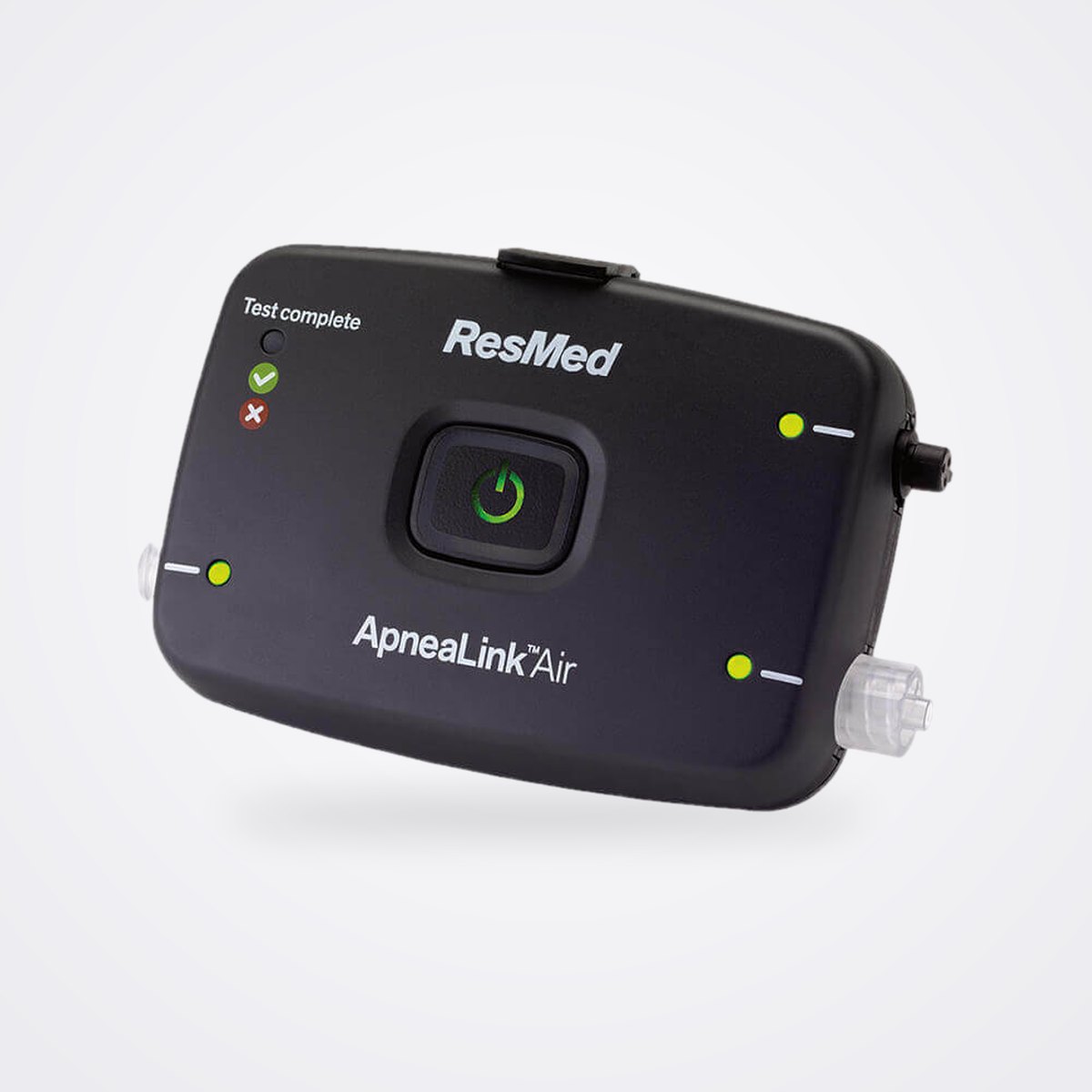 جهاز اختبار النوم المنزلي ResMed ApneaLink Air 1 جهاز تسجيل اختبار النوم المنزلي ResMed ApneaLink Air من الأمام، بزر التشغيل والإيقاف ومصابيح المؤشرات