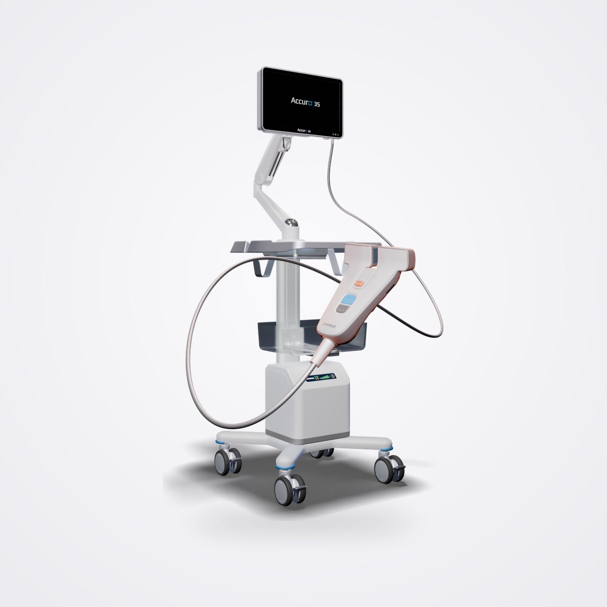 RIVANNA Accuro 3S AI Ultrasound Guidance for Neuraxial Anaesthesia 1 RIVANNA Accuro 3S cart with touchscreen on articulated arm and Dual Array probe
