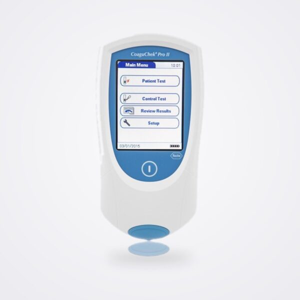 Roche CoaguChek Pro II coagulation meter, front view showing the touchscreen main menu