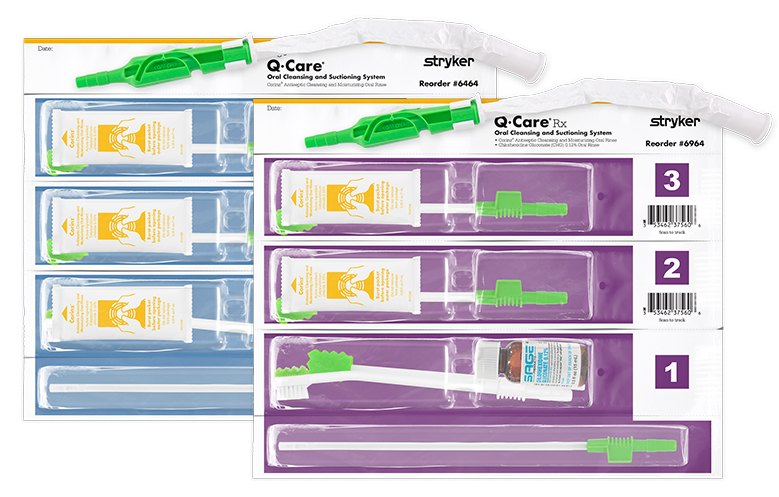 Sage Q-Care Oral Cleansing and Suctioning System for Ventilated Patients 3 Q Care and Q Care Rx oral cleansing and suctioning system kits with covered Yankauer