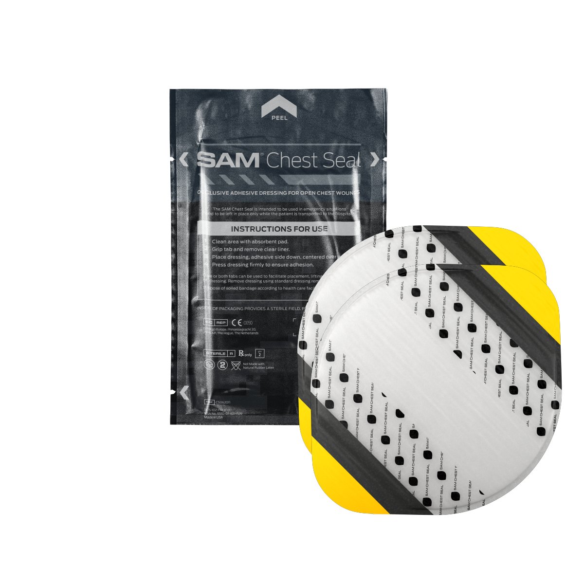 SAM Medical SAM Chest Seal with TruFlow Valve 3 SAM Chest Seal non valved pouch with oval dressing and yellow application tabs