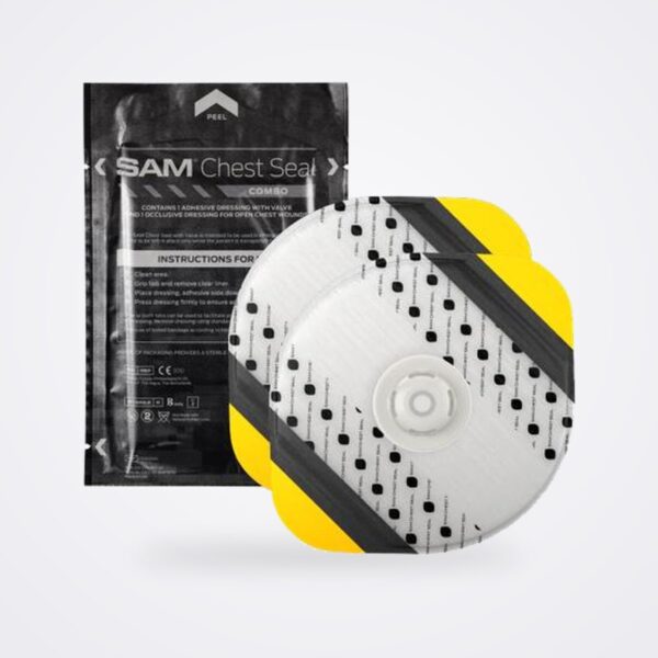 SAM Chest Seal Combo pouch with an oval valved dressing and yellow tabs in front