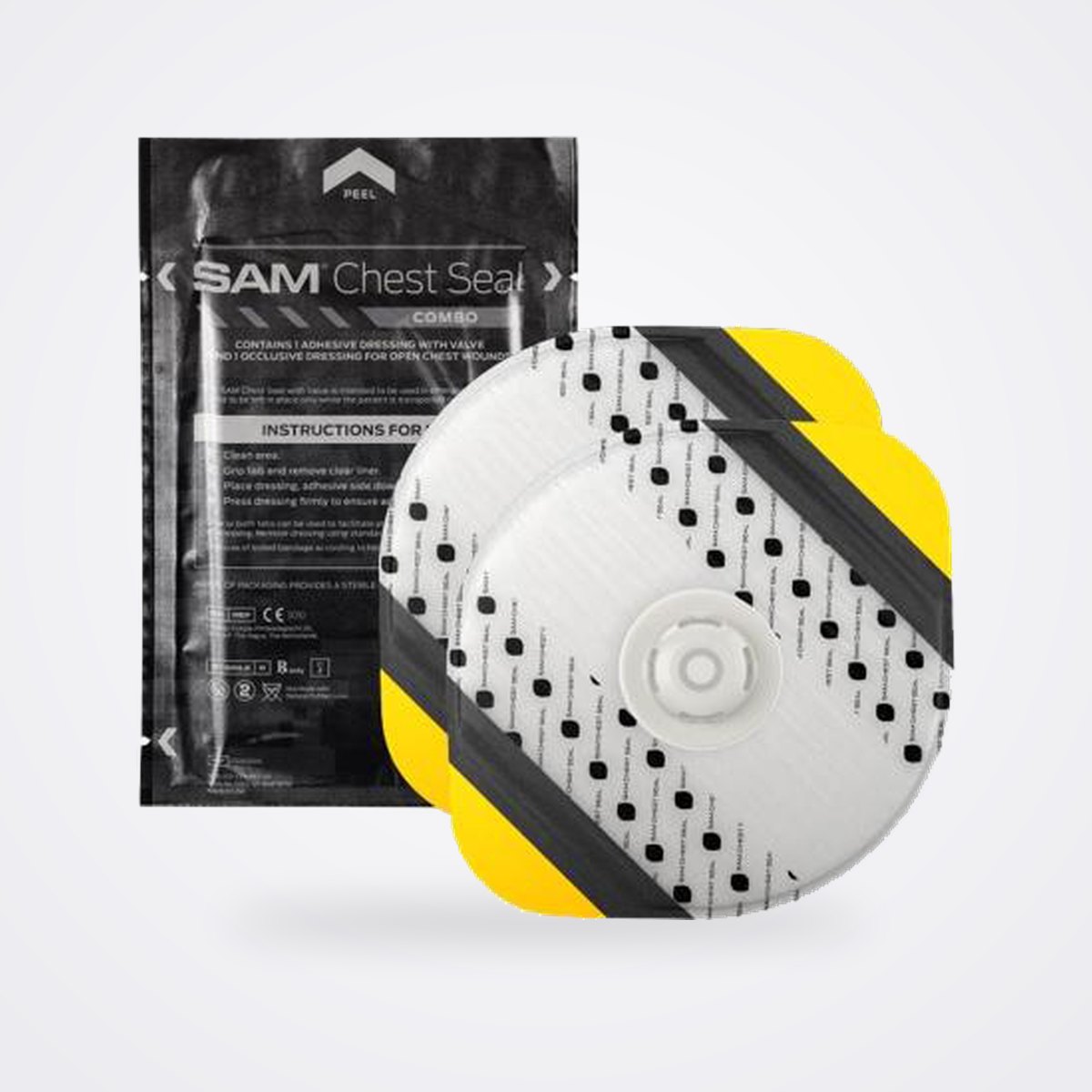 SAM Medical SAM Chest Seal with TruFlow Valve 1 SAM Chest Seal Combo pouch with an oval valved dressing and yellow tabs in front