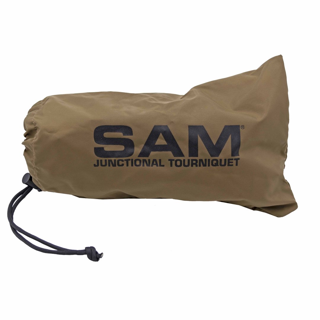 SAM Junctional Tourniquet (SJT) for Inguinal and Axillary Haemorrhage 3 Coyote brown drawstring pouch printed SAM Junctional Tourniquet