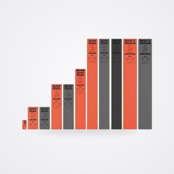 SAM Splint family in orange and charcoal, from finger splint to 36 in XL, lined up by size