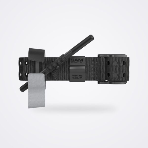 SAM XT tourniquet in Tactical Black laid open, showing windlass, TRUFLEX plate, time band and TRUFORCE buckle