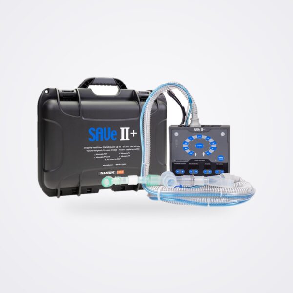 SAVe II+ portable ventilator with breathing circuit in front of its black hard carry case