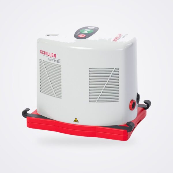 SCHILLER EASY PULSE mechanical CPR device on red slider, three quarter view on white