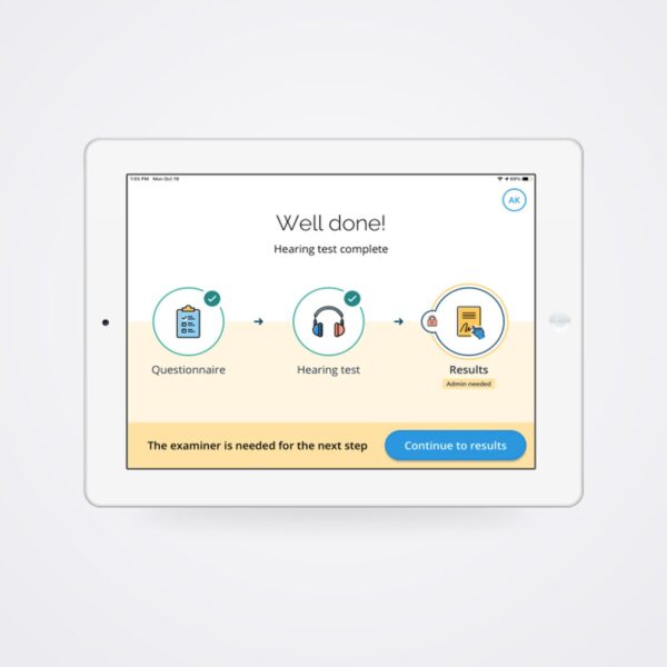 SHOEBOX PureTest iPad screen showing questionnaire, hearing test and results steps complete