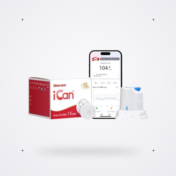 عبوة Sinocare iCan i3 للمراقبة المستمرة للغلوكوز بعلامة CE 0197، مع المستشعرات وأداة التركيب وتطبيق iCan على هاتف ذكي