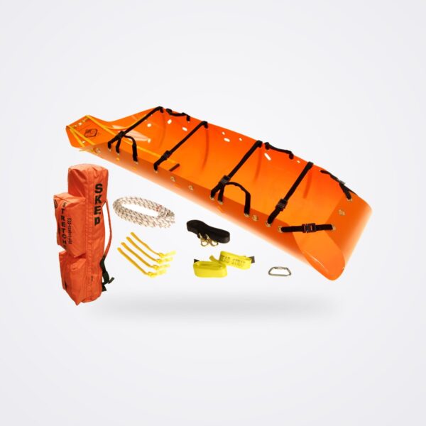 Orange Sked stretcher with backpack, rope, lift slings, handles, tow strap and carabiner