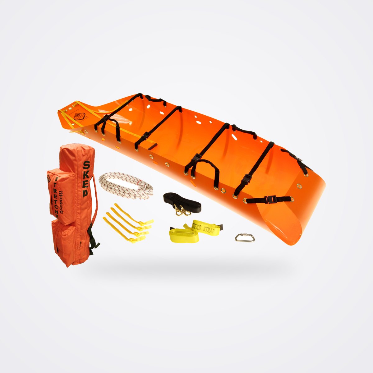 Skedco Sked Basic Rescue System Roll-Up Rescue Stretcher 1 Orange Sked stretcher with backpack, rope, lift slings, handles, tow strap and carabiner