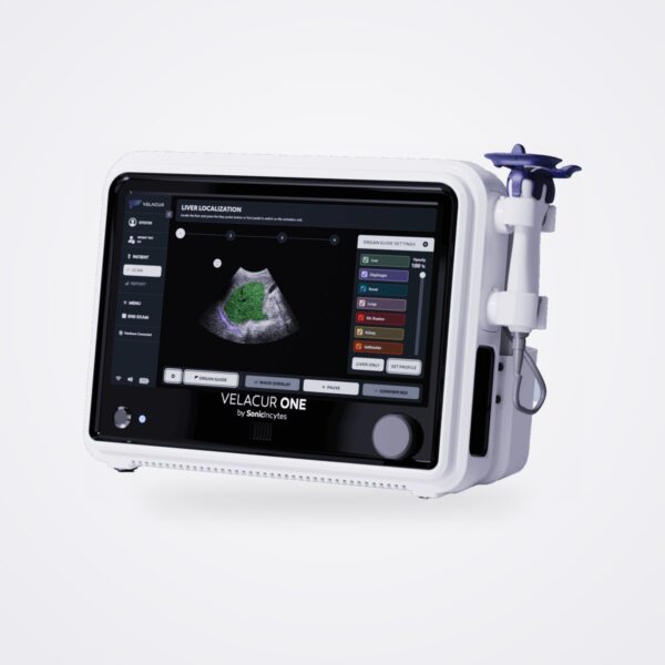 Sonic Incytes Velacur ONE elastography system with touchscreen and holstered probe