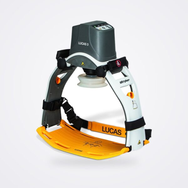 Stryker LUCAS 3 1 chest compression device assembled on its yellow back plate with suction cup