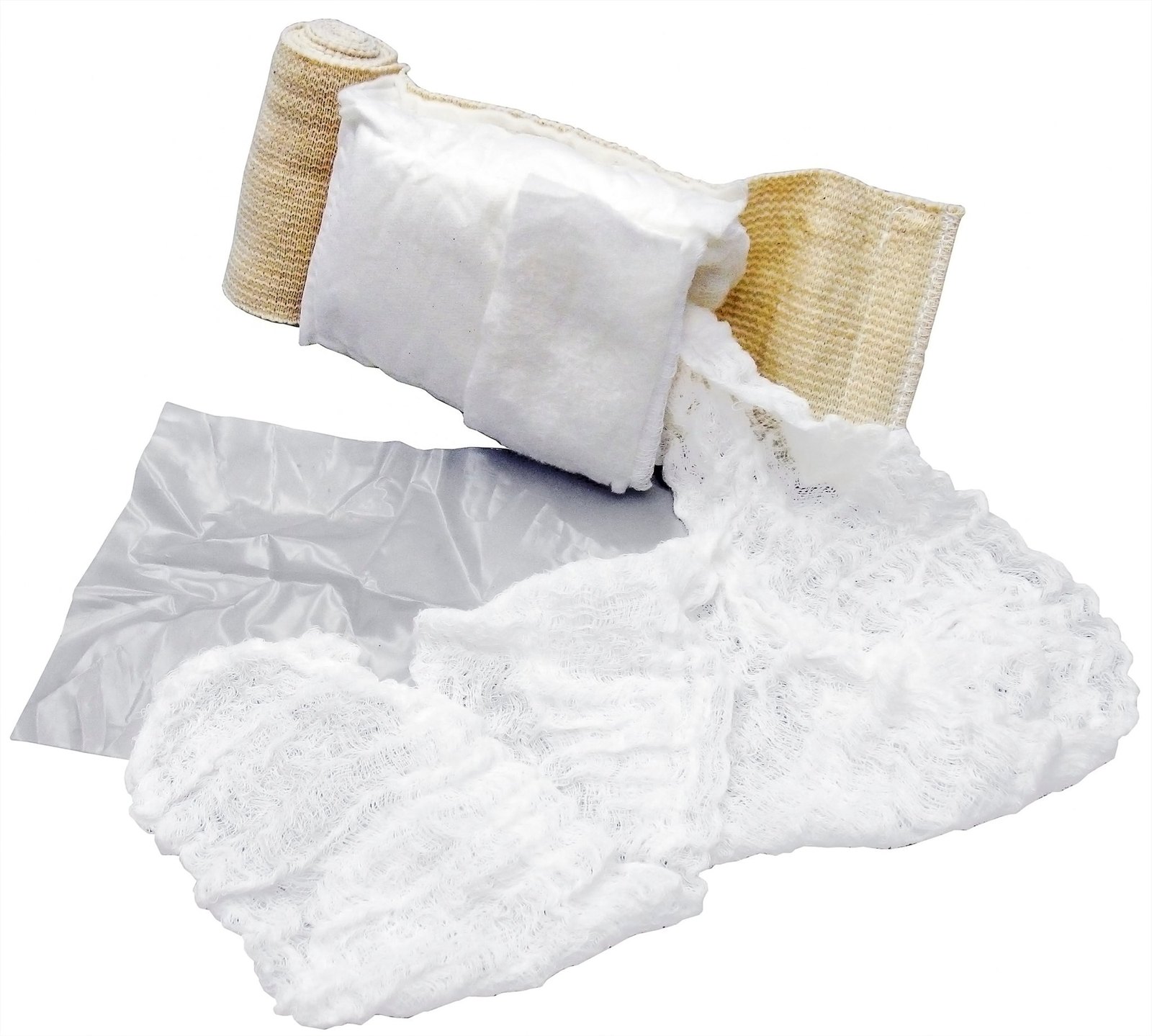 TacMed Solutions OLAES Modular Bandage Trauma Dressing 3 OLAES Modular Bandage contents laid out: elastic wrap, pressure cup, packing gauze and occlusive sheet