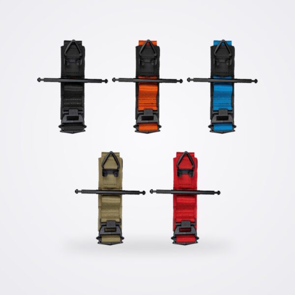 SOF Tourniquet in black, orange, trainer blue, tan and red, laid open with aluminium windlass