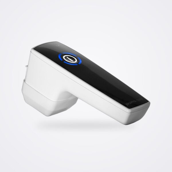 plasma care handheld cold plasma device in white with a black touch panel and blue ring power button
