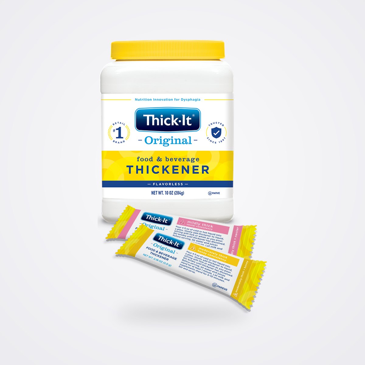 Thick-It Original and Clear Advantage Food & Beverage Thickeners 1 Thick It Original food and beverage thickener 10 oz canister with single serve packets
