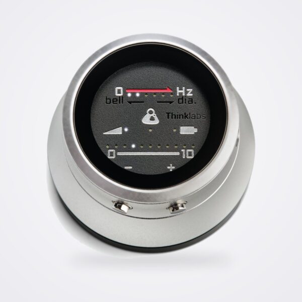 Thinklabs One digital stethoscope in Argentum Silver showing filter, volume and battery display
