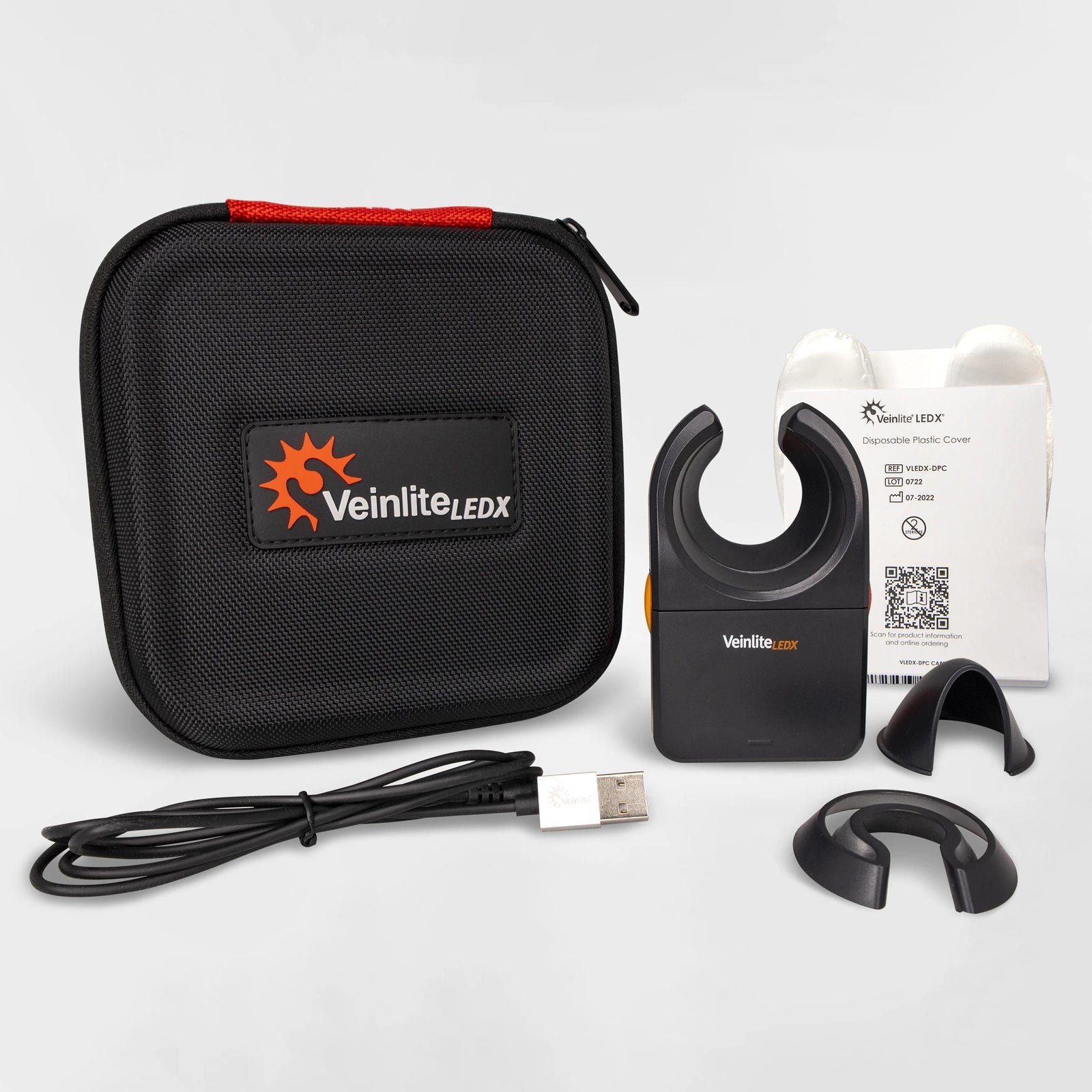 TransLite Veinlite LEDX Transilluminator for Sclerotherapy and Vein Access 5 Veinlite LEDX kit: carrying case, device, USB cable, disposable covers, light shield and paediatric adapter