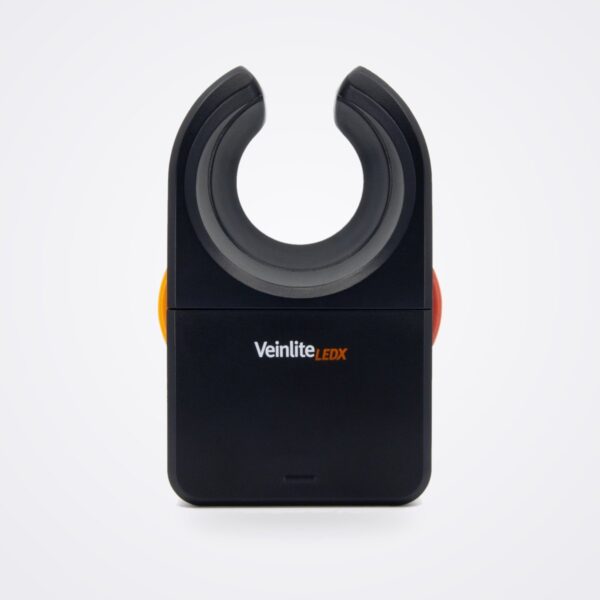 Veinlite LEDX handheld transilluminator, front view showing the C shaped opening and orange and red buttons