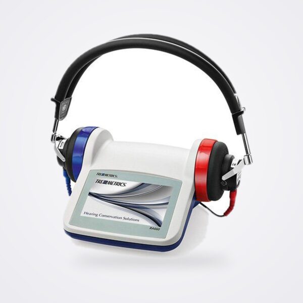 Tremetrics RA660 occupational audiometer with TDH39 headset, on a white background