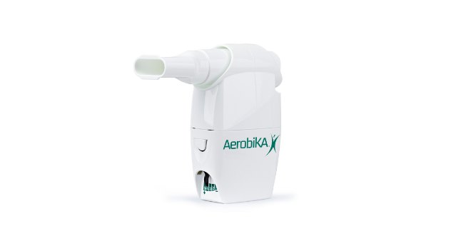 Trudell AEROBIKA Oscillating Positive Expiratory Pressure (OPEP) Device 3 AEROBIKA OPEP device front angled view with mouthpiece and resistance indicator