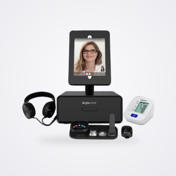 TytoClinic station with video tablet, exam device, headset and blood pressure monitor