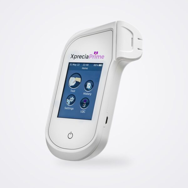 Xprecia Prime handheld PT/INR coagulation analyzer with its colour touchscreen home menu