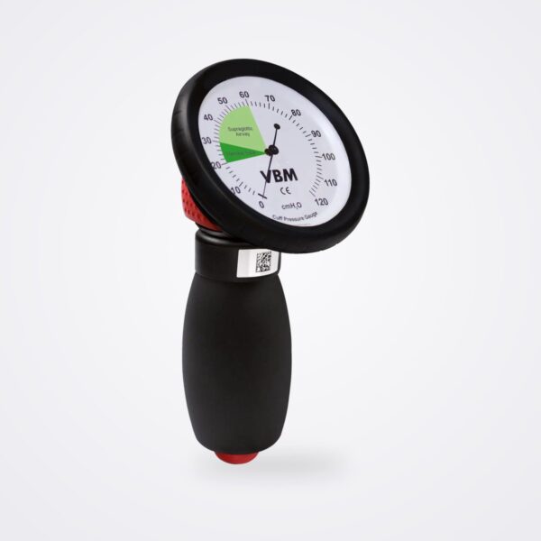 VBM Universal cuff pressure gauge with colour-coded 0–120 cmH₂O dial and inflation bulb