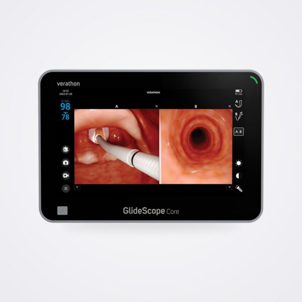 GlideScope Core 15 touchscreen monitor showing a laryngoscope view and a bronchoscope view side by side