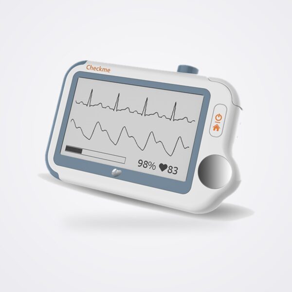 Viatom Checkme Pro handheld monitor showing an ECG trace with SpO2 and heart rate
