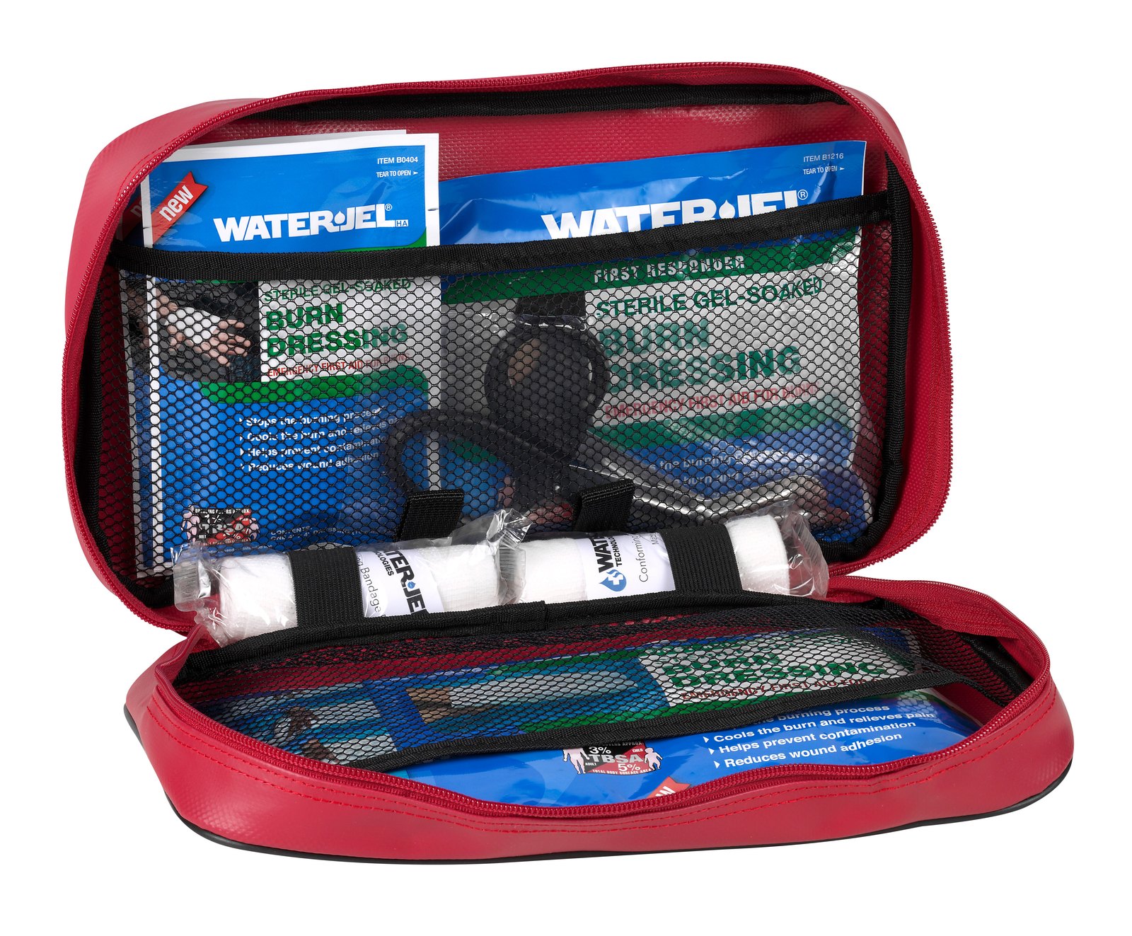 Water-Jel First Responder Sterile Gel-Soaked Burn Dressings and Burn Kits 4 Open red Waterjel Critical Burn Kit showing burn dressings, gauze rolls and scissors