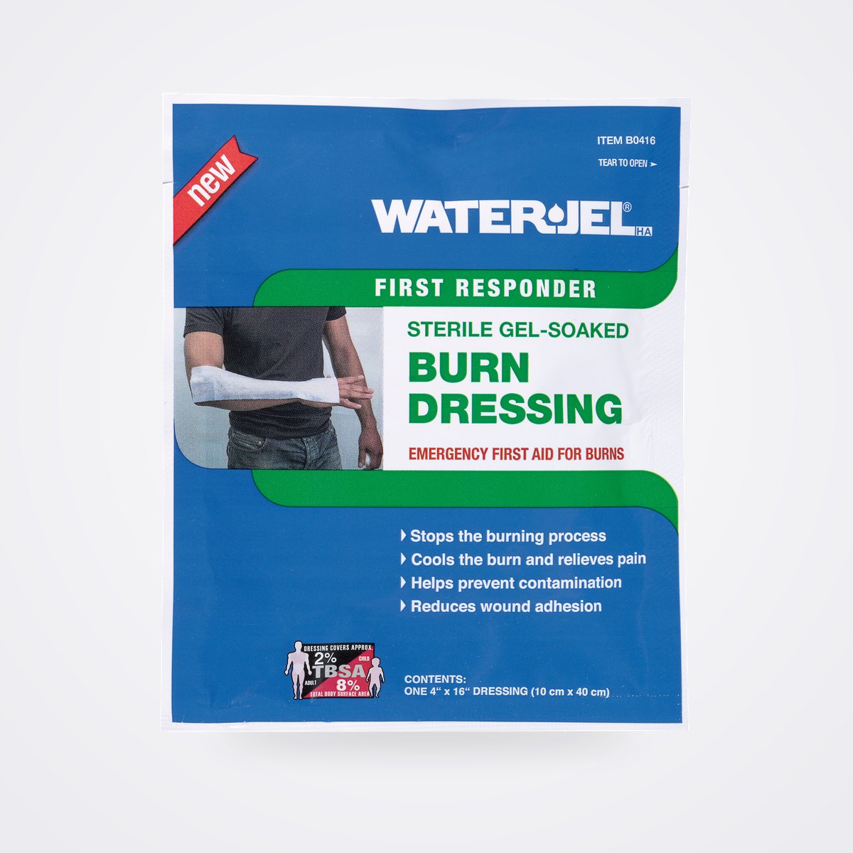 Water-Jel First Responder Sterile Gel-Soaked Burn Dressings and Burn Kits 1 Water Jel First Responder sterile gel soaked burn dressing 4 × 16 in pouch, item B0416