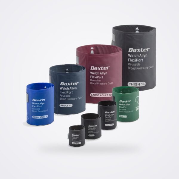 Welch Allyn FlexiPort reusable blood pressure cuffs in colour-coded sizes from infant to thigh