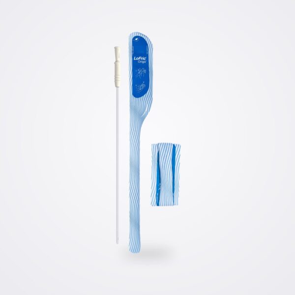Rehabilitation & Recovery 14 LoFric Origo hydrophilic intermittent catheter shown beside its foldable package