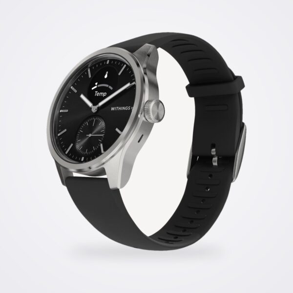 Withings ScanWatch 2 42 mm in black with stainless steel case, three quarter view