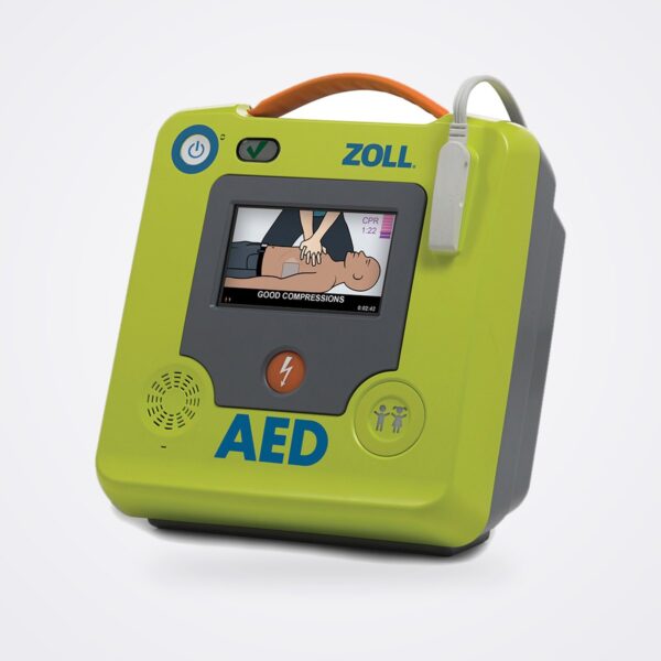جهاز ZOLL AED 3 بلونه الأخضر الليموني وشاشته الملوّنة تعرض ملاحظات الإنعاش، مع زر الصدمة وزر وضع الأطفال