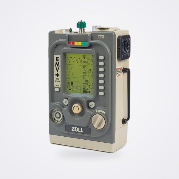 ZOLL EMV+ 731 Series portable ventilator with LCD showing ventilation settings, three quarter view on white