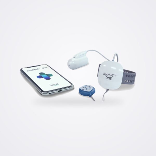 WatchPAT ONE wrist unit with finger probe and chest sensor beside a smartphone running its app